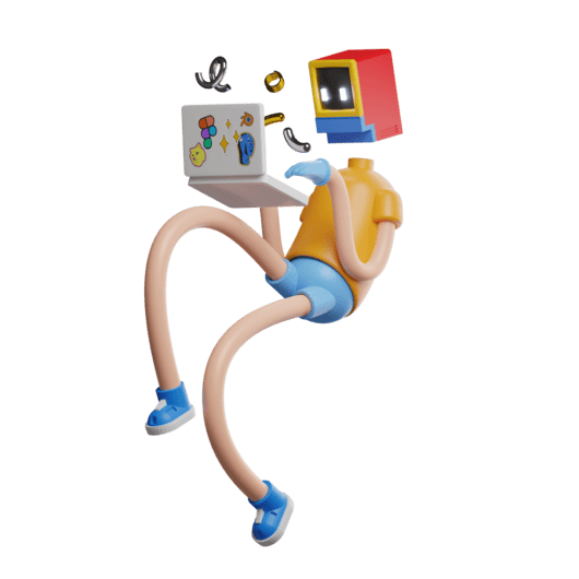 Thin long legged animated human with computer head and working on laptop.